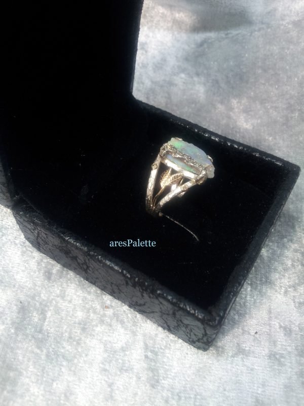 Natural Australian Opal-Diamond Gold & Silver ring-Artisan Ring Fully Handmade Gold Silver Diamond Ring